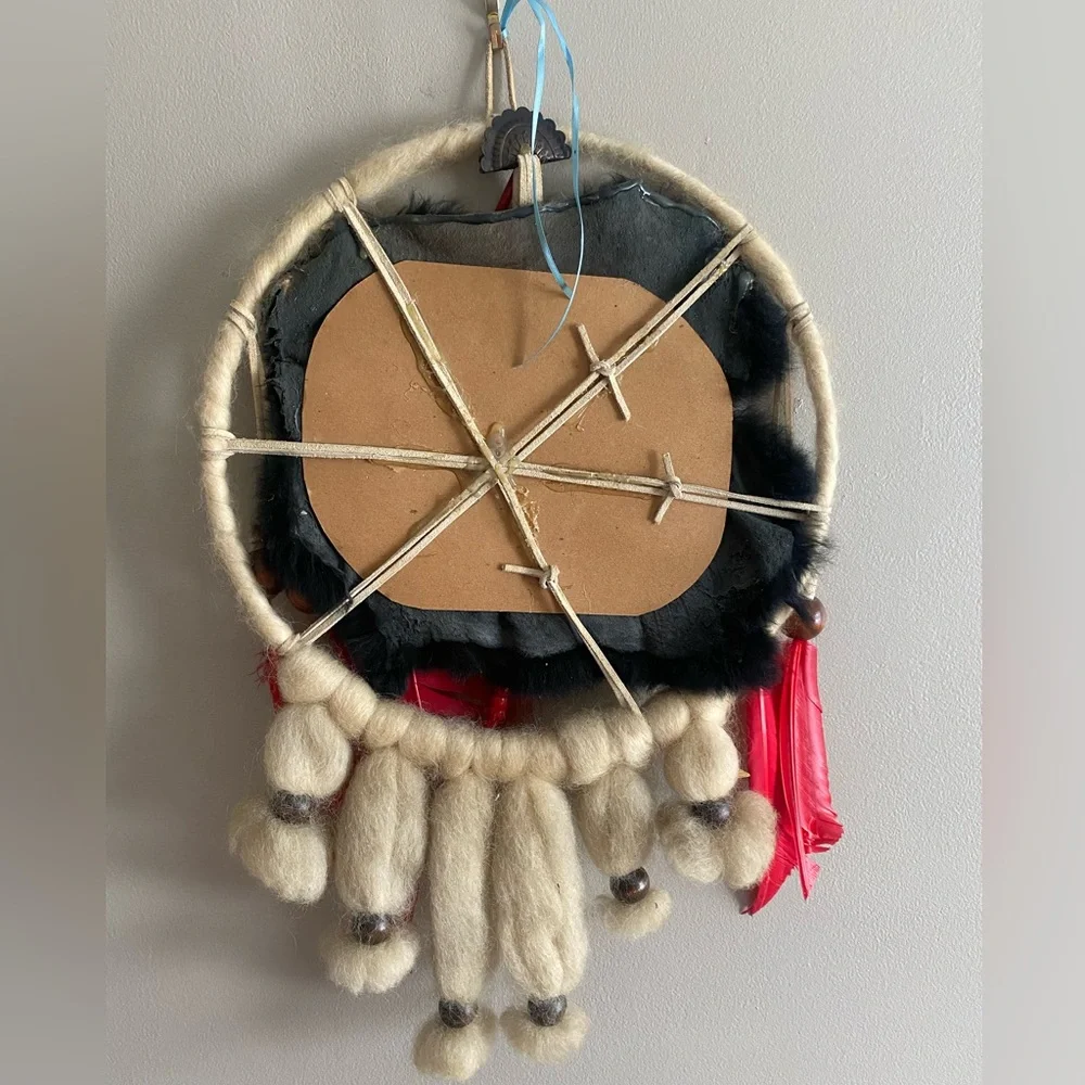 RARE INDIAN VINTAGE LARGE HANDMADE DREAM CATCHER Fur Feather Native Boho 12x18 - Picture 12 of 13